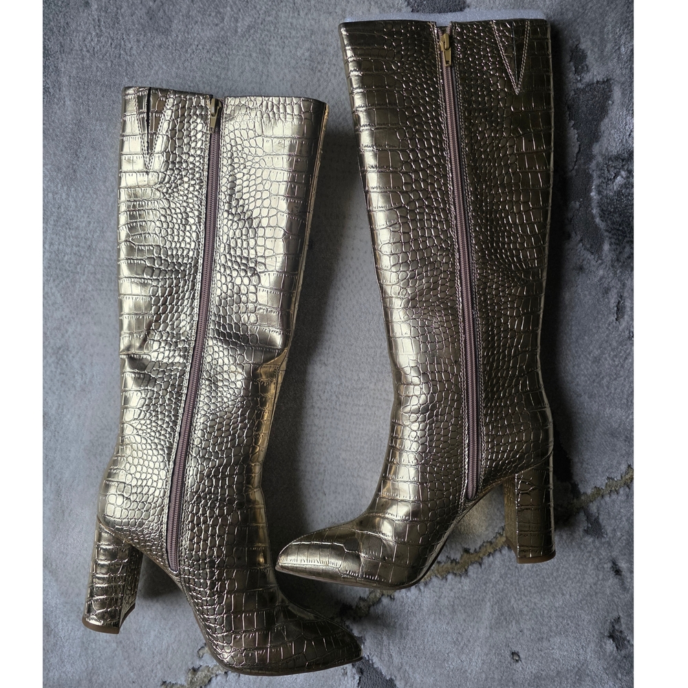 I.N.C International Concepts Paiton Gold Croc-Embossed Knee-High Boots